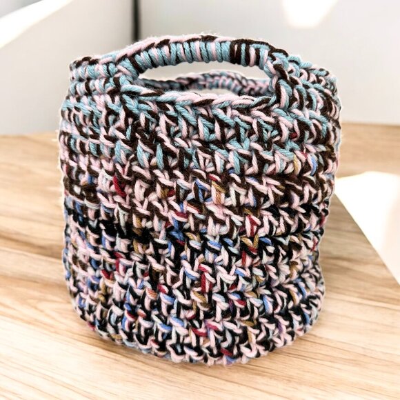 Basket with Handles Crochet Handmade One of a Kind Scrap Yarn Basket Brand New - Picture 3 of 5